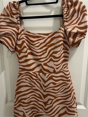 Lovers + Friends Brown & Cream Zebra Stripe Puff Sleeve Dress